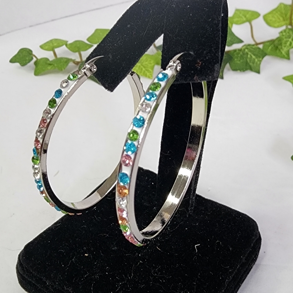 Steel Oval Hoop Earrings with Pastel Crystals New
